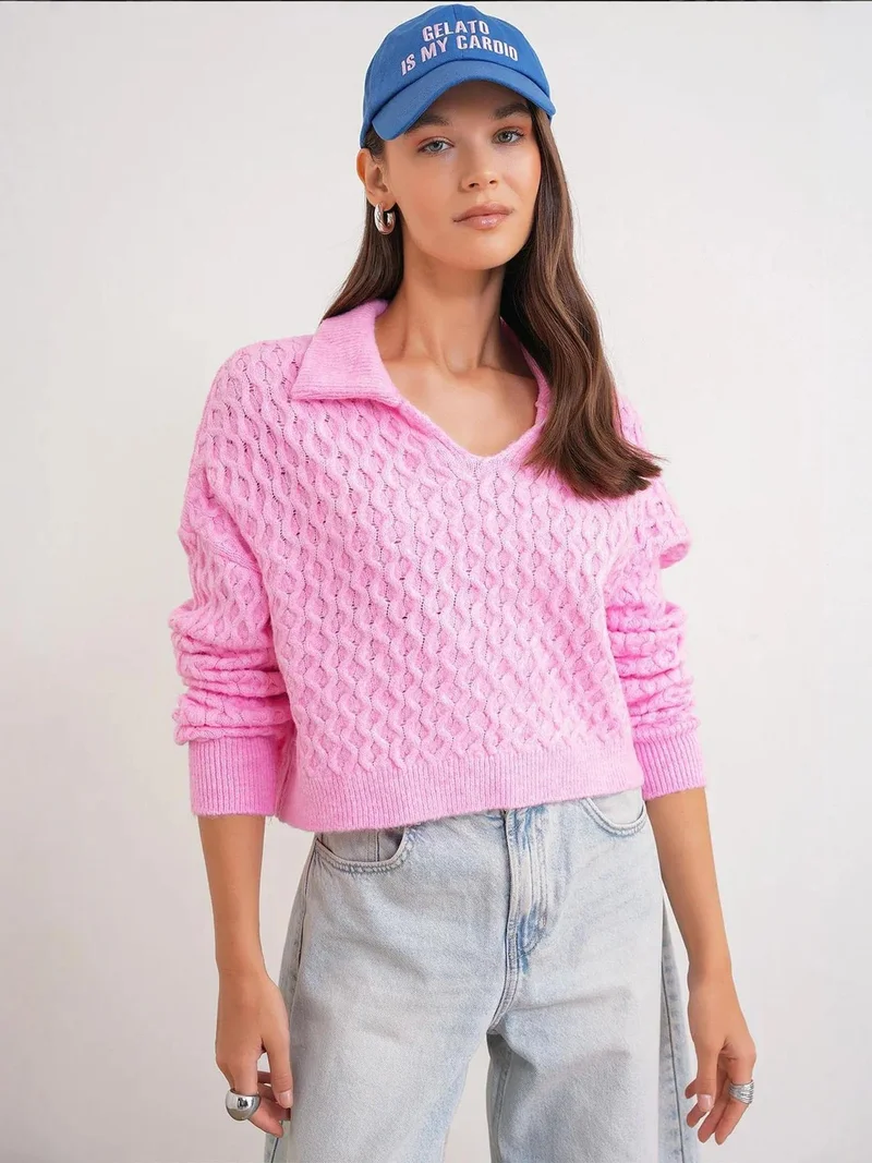 MixRay Powder Pink Mixray Relaxed Fit Crop Sweater with Shirt Collar for Women | Best Price UAE
