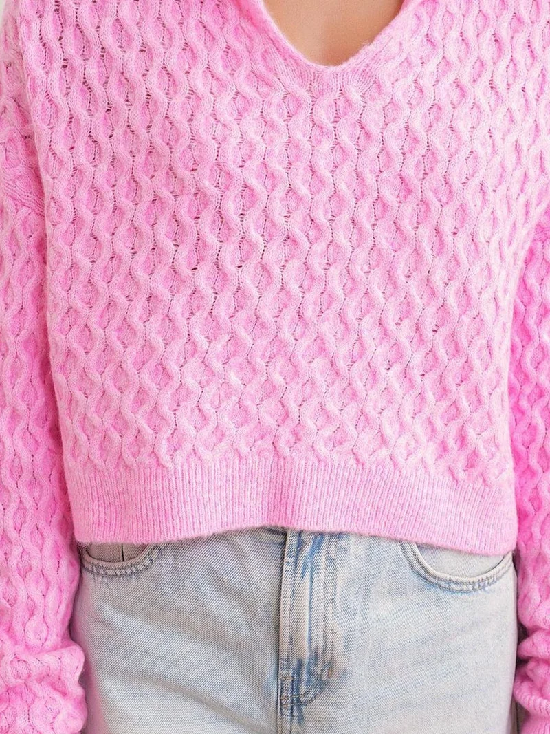 MixRay Powder Pink Mixray Relaxed Fit Crop Sweater with Shirt Collar for Women | Best Price UAE