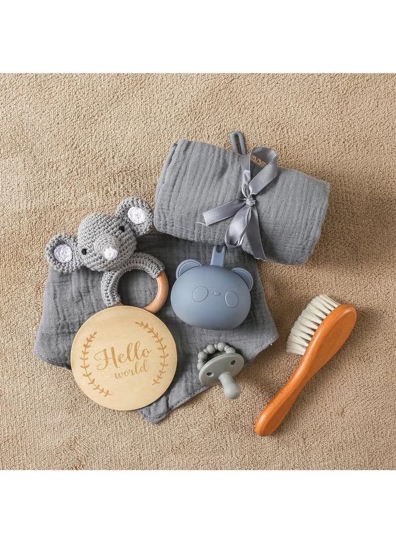 Gonice New Born Baby Gift Baskets Baby Boy Shower Gifts Set,Newborn Essentials Stuffers Baby Bath Set with Muslin Blanket, Drool Towel, Wood Brush & Rattle,Welcome Baby Gift Basket Loveys Box for Babies,Moms - Image 3