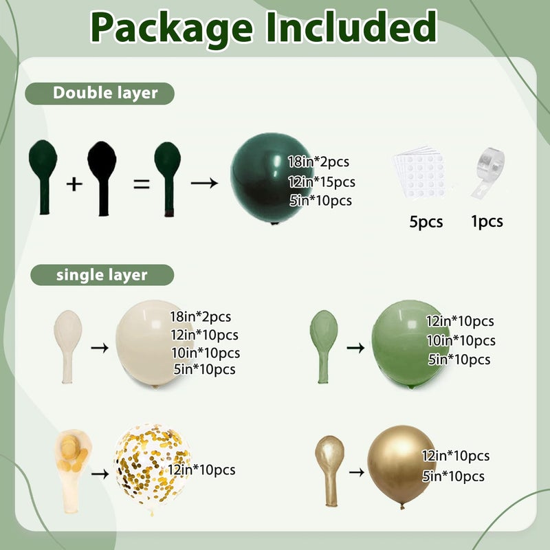 Zesliwy Emerald Green White Gold Balloons Arch Kit,Double Stuffed Dark Green Sage Dusty Olive Green Sand White Beige Chrome Gold Confetti Balloons Garland for Birthday Wedding jungle Safari Party Decorations - Image 2