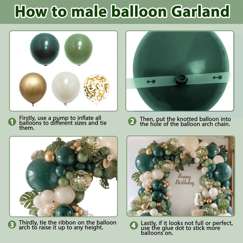 Zesliwy Emerald Green White Gold Balloons Arch Kit,Double Stuffed Dark Green Sage Dusty Olive Green Sand White Beige Chrome Gold Confetti Balloons Garland for Birthday Wedding jungle Safari Party Decorations - Image 4