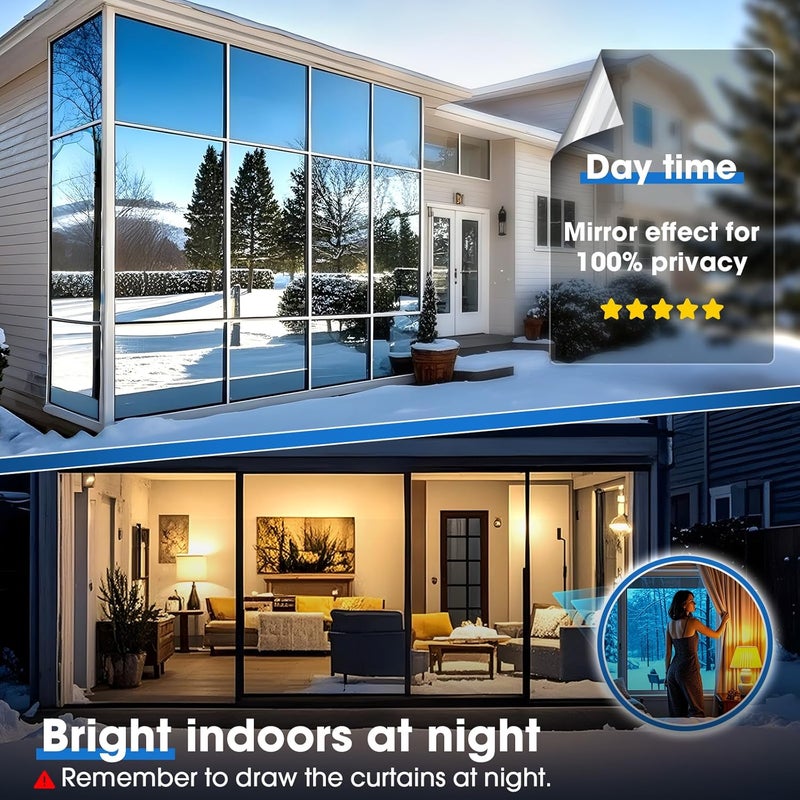 Coavas One Way Privacy Window Film Reflective Window Tint for Home,Static Cling Mirror Heat Blocking Covering See Out Not in,Anti-Uv House Daytime Privacy,Silver 17.5x78.7 in - Image 2