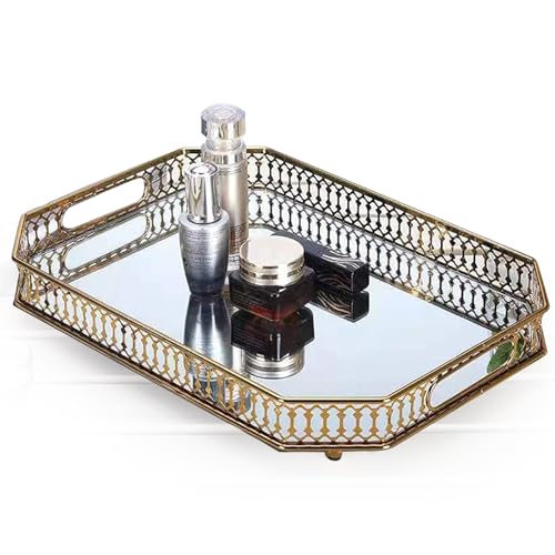 BOCFOA Vintage Gold Mirrored Vanity Tray – Decorative Perfume and Makeup Organizer with Handles for Dresser, Bathroom or Jewelry Display, Large Size 13.8" X 9.6" X2.2" - Image 1