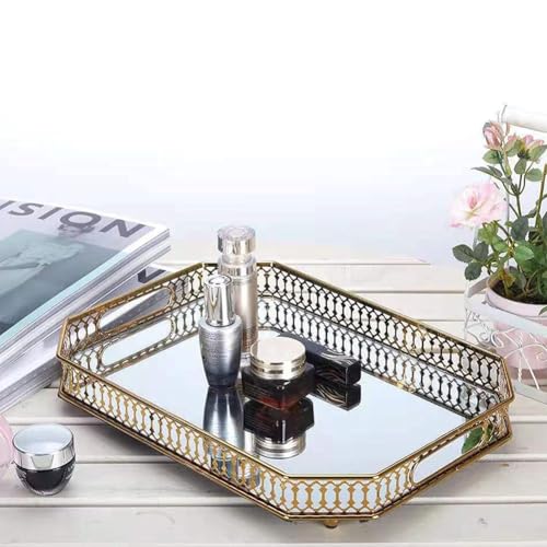 BOCFOA Vintage Gold Mirrored Vanity Tray – Decorative Perfume and Makeup Organizer with Handles for Dresser, Bathroom or Jewelry Display, Large Size 13.8" X 9.6" X2.2" - Image 2
