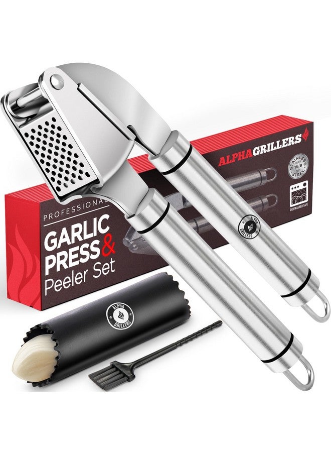 Alpha Grillers Alpha Grillers Best garlic Press & Peeler Set - Solid Stainless Steel Mincer & Silicone Tube Roller To Peel And Crush Your Raw Cloves - Image 1