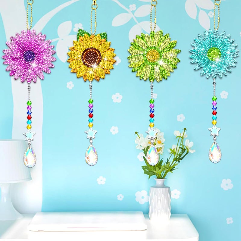 JeCuiK 6 Pcs Daisy Diamonds Painting Wind Chimes Suncatcher Double Sided Flower Rhinestone Painting Wind Chime 5D DIY Crystal Diamond Painting Kits Paint by Number Hanging Ornaments Mom Gifts - Image 4