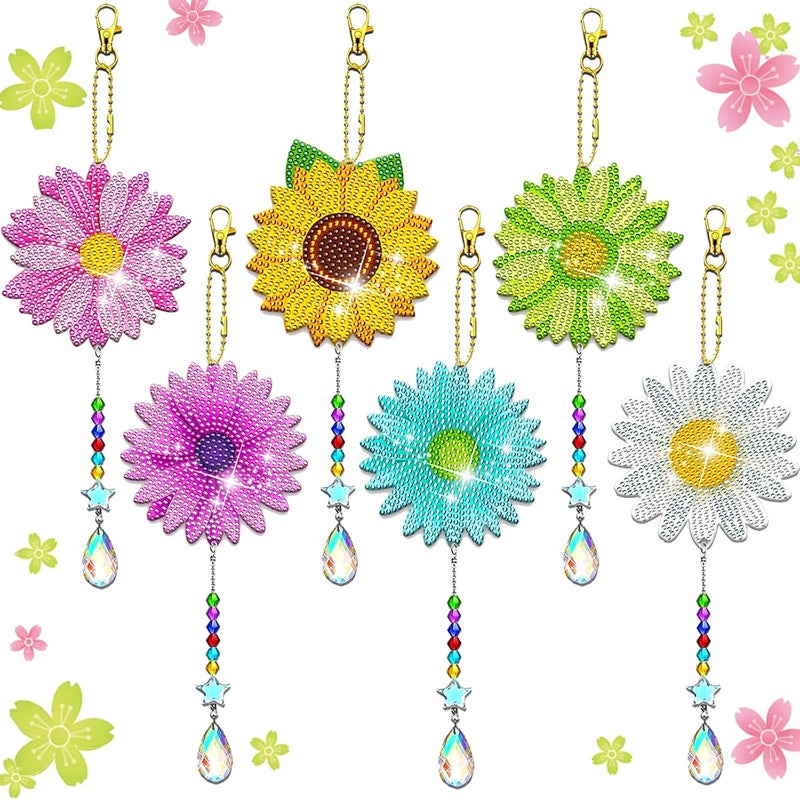 JeCuiK 6 Pcs Daisy Diamonds Painting Wind Chimes Suncatcher Double Sided Flower Rhinestone Painting Wind Chime 5D DIY Crystal Diamond Painting Kits Paint by Number Hanging Ornaments Mom Gifts - Image 1