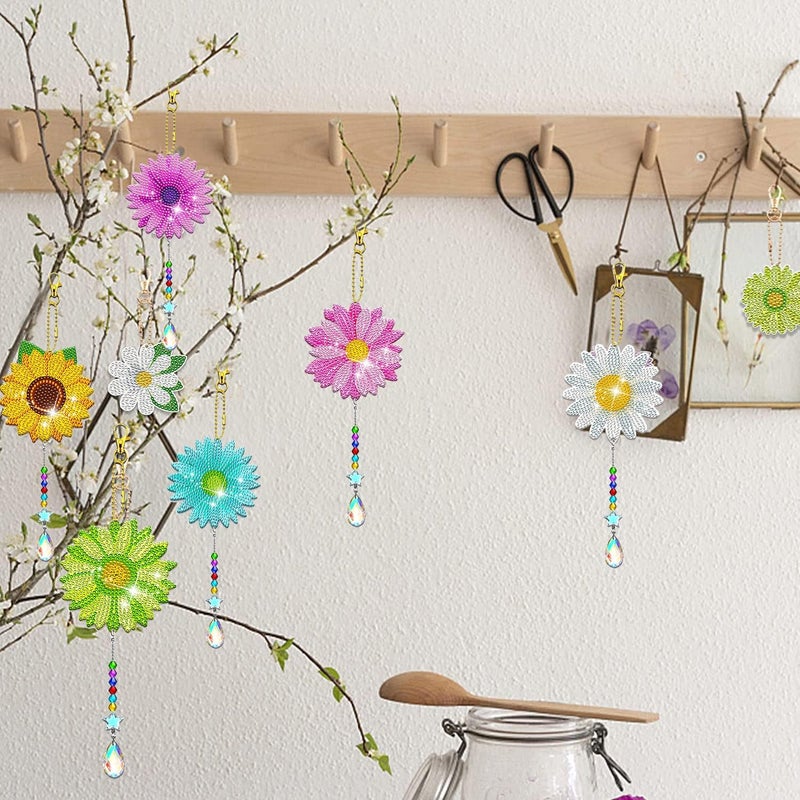 JeCuiK 6 Pcs Daisy Diamonds Painting Wind Chimes Suncatcher Double Sided Flower Rhinestone Painting Wind Chime 5D DIY Crystal Diamond Painting Kits Paint by Number Hanging Ornaments Mom Gifts - Image 5