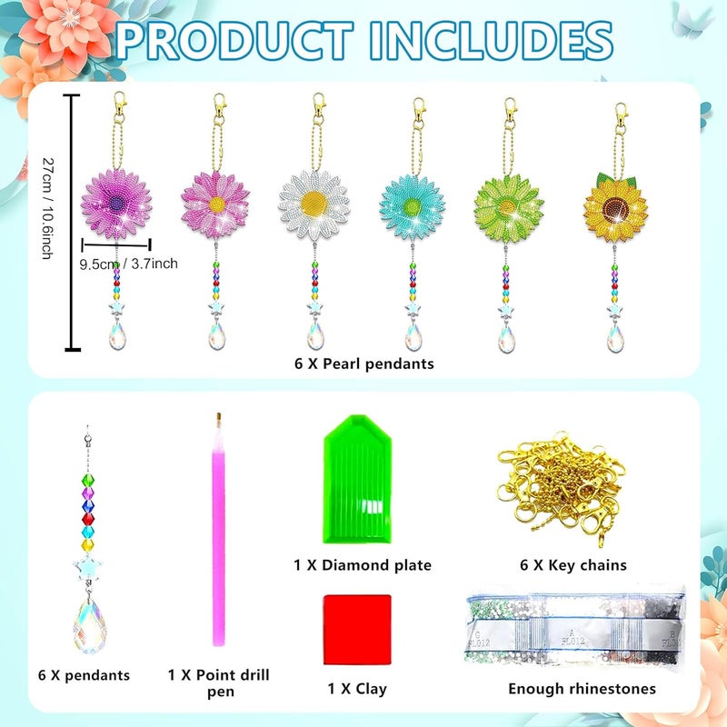 JeCuiK 6 Pcs Daisy Diamonds Painting Wind Chimes Suncatcher Double Sided Flower Rhinestone Painting Wind Chime 5D DIY Crystal Diamond Painting Kits Paint by Number Hanging Ornaments Mom Gifts - Image 3