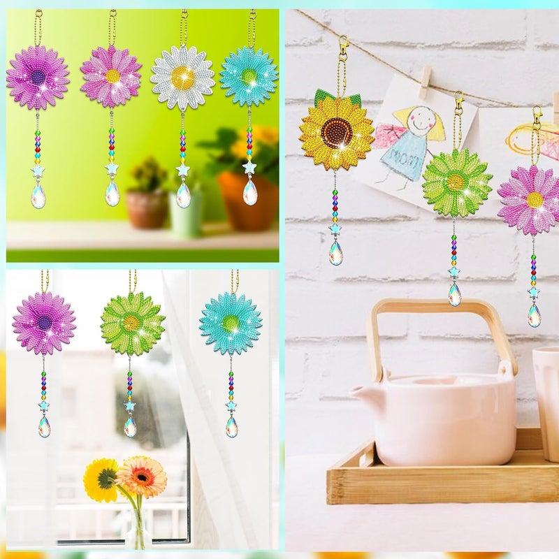 JeCuiK 6 Pcs Daisy Diamonds Painting Wind Chimes Suncatcher Double Sided Flower Rhinestone Painting Wind Chime 5D DIY Crystal Diamond Painting Kits Paint by Number Hanging Ornaments Mom Gifts - Image 2
