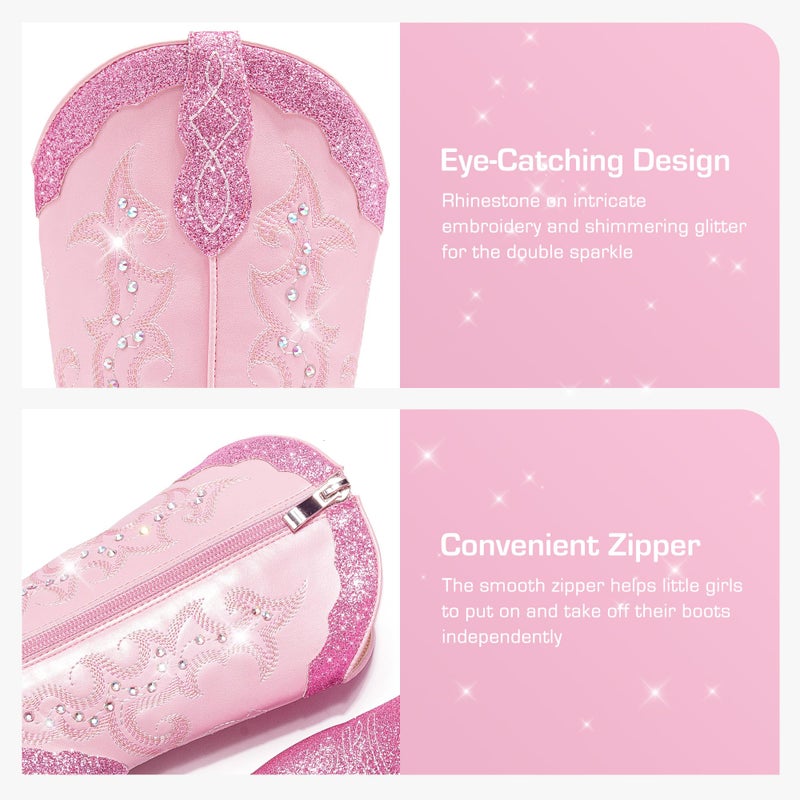 LAURMOSA Girls Cowboy Boots Pink Kids Western Dress Sparkly Cowboy Cute Rhinestone Boots Size 12 Little Girls Toddler Cowgirl Horse Riding Shoes Cowgirl Party Embroidered(L1052Pink 12) - Image 4