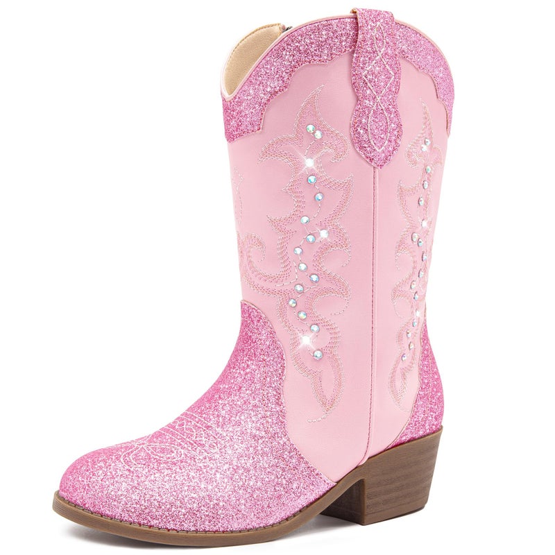 LAURMOSA Girls Cowboy Boots Pink Kids Western Dress Sparkly Cowboy Cute Rhinestone Boots Size 12 Little Girls Toddler Cowgirl Horse Riding Shoes Cowgirl Party Embroidered(L1052Pink 12) - Image 1