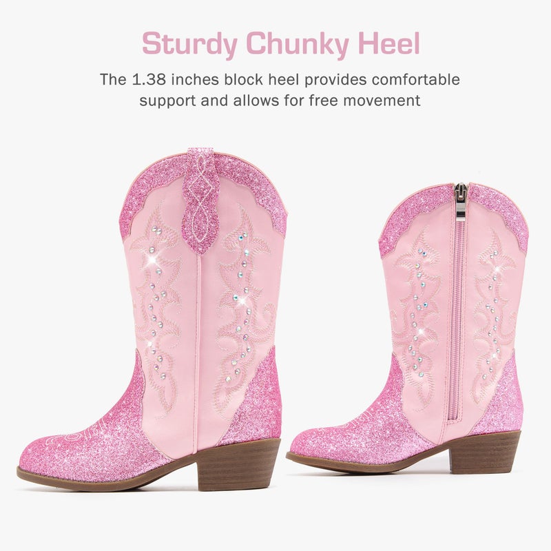 LAURMOSA Girls Cowboy Boots Pink Kids Western Dress Sparkly Cowboy Cute Rhinestone Boots Size 12 Little Girls Toddler Cowgirl Horse Riding Shoes Cowgirl Party Embroidered(L1052Pink 12) - Image 5