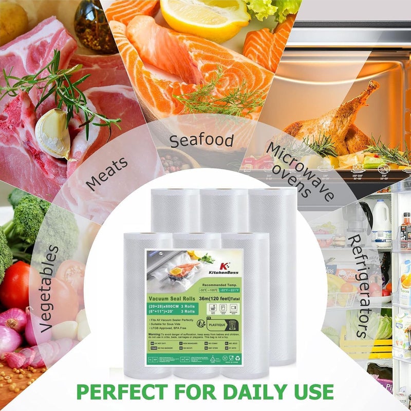 KitchenBoss Vacuum Sealer Bags for Food: 6 Pack 3 Rolls 11" x 20'+3 Rolls 8" x 20' Commercial Grade BPA-Free, Leakproof Great for Long-term Storage - Image 2