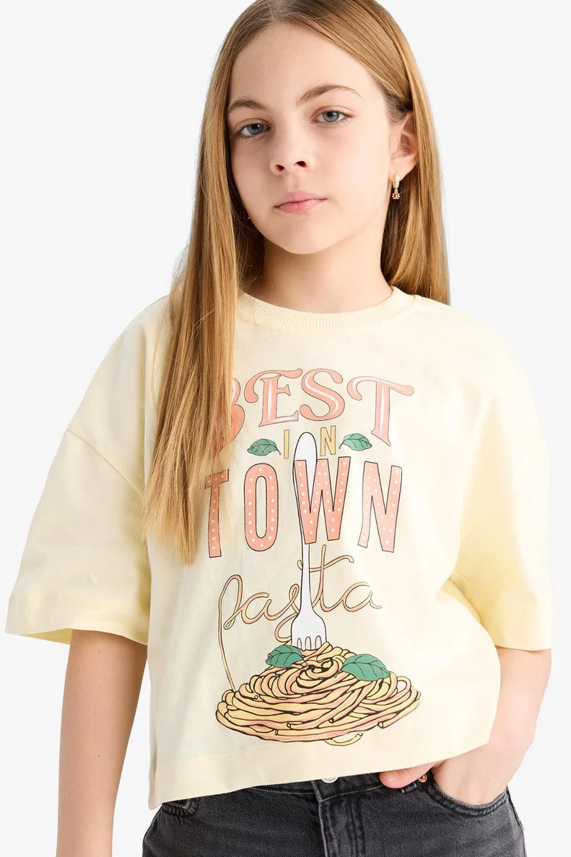 ديفاكتو Girl Boxy Fit Crew Neck Slogan Printed T-Shirt