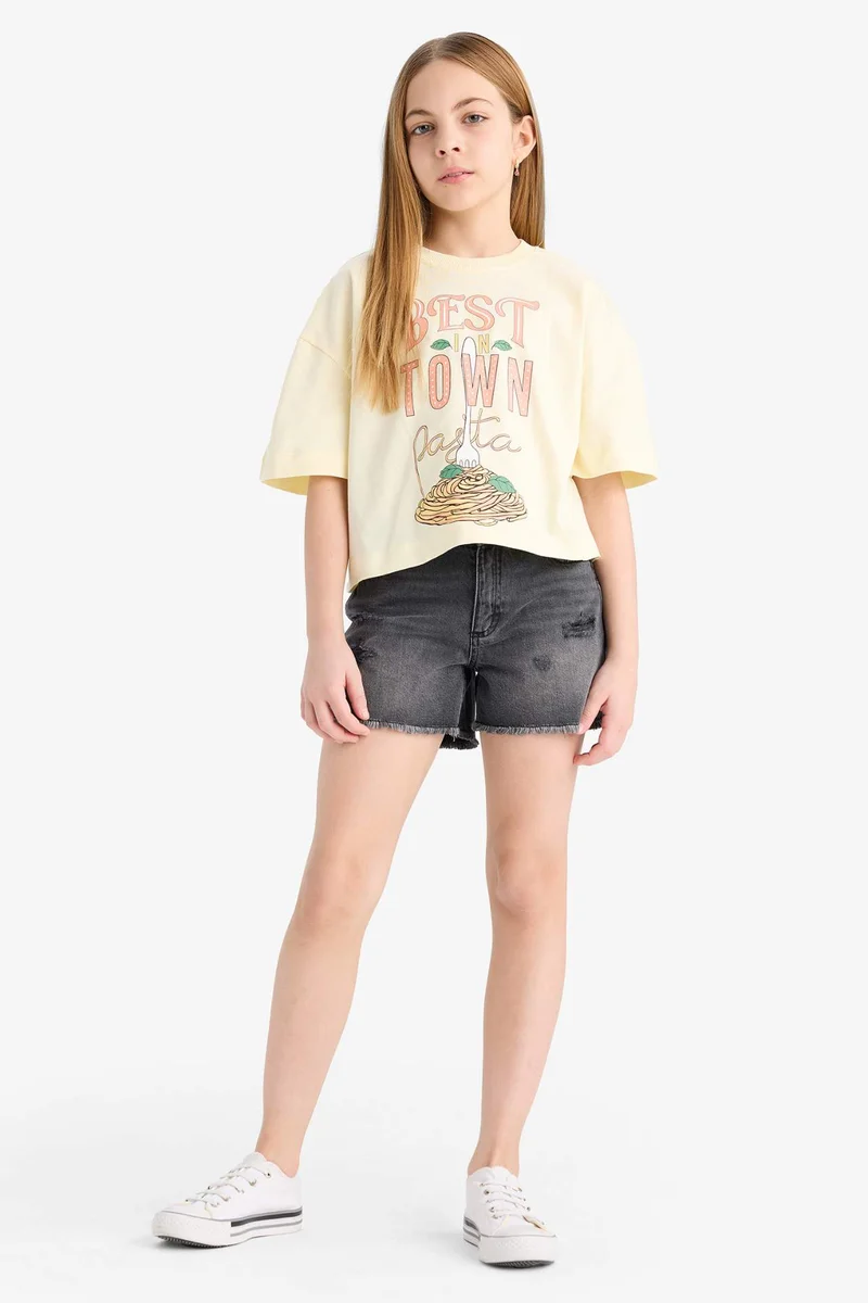 ديفاكتو Girl Boxy Fit Crew Neck Slogan Printed T-Shirt