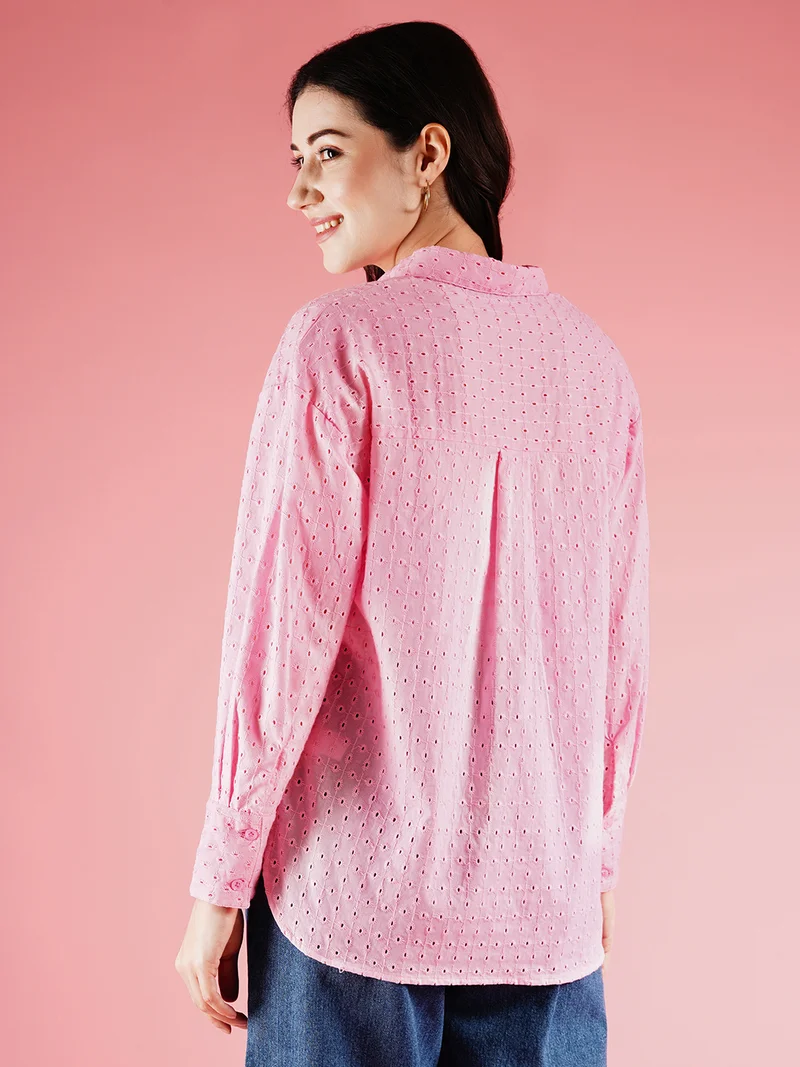 globus Women Self Design Cuffed Sleeves Cotton Schiffli Shirt Style Longline Top