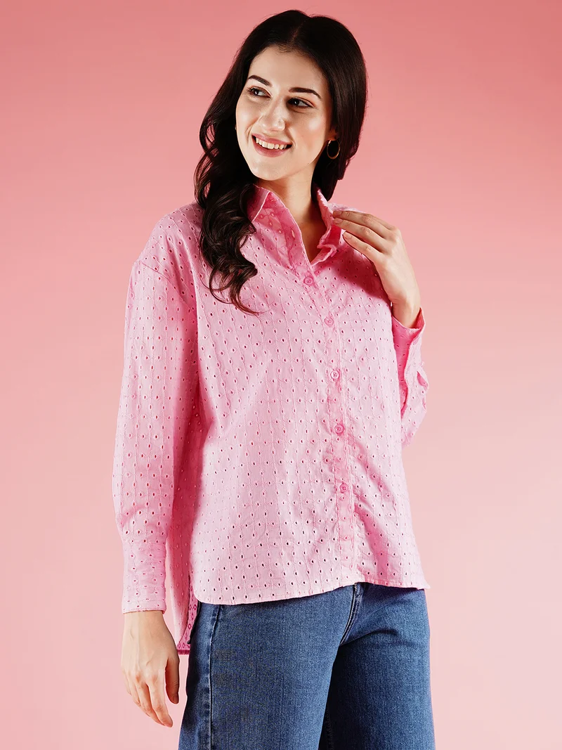 globus Women Self Design Cuffed Sleeves Cotton Schiffli Shirt Style Longline Top