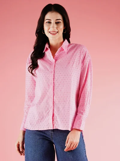 globus Women Self Design Cuffed Sleeves Cotton Schiffli Shirt Style Longline Top