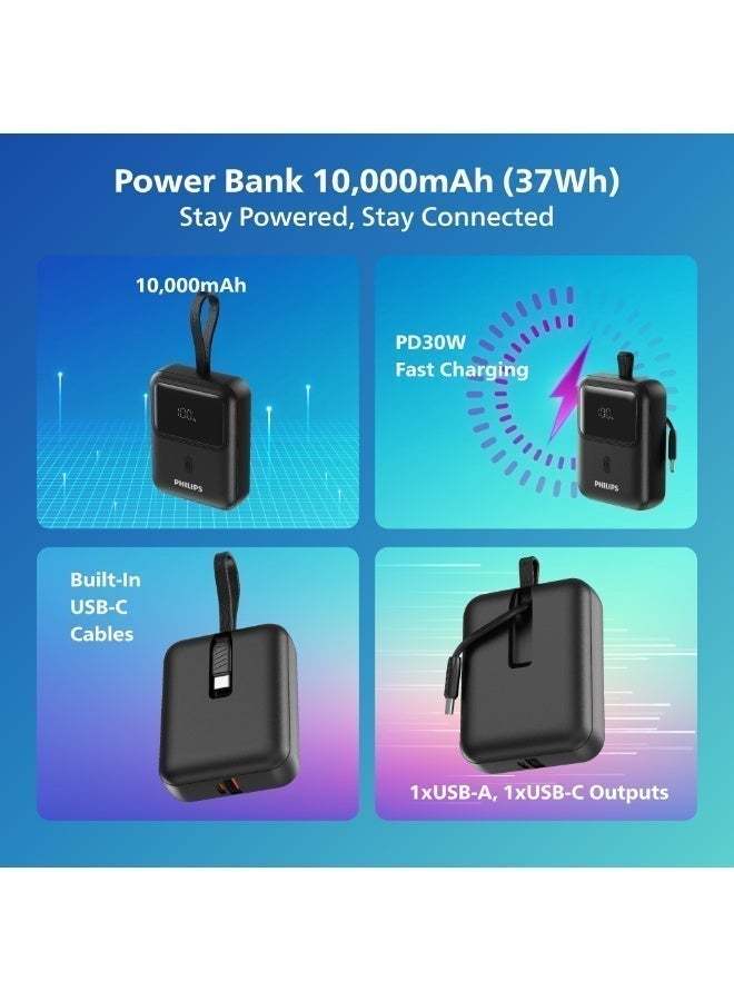 Philips باور بنك فيليبس DLP7810C سعة 10000 مللي أمبير، شحن سريع PD 30 واط، كابل USB-C مدمج، USB-A 22.5 واط، شاشة LCD رقمية، شحن ذكي PPS، شاحن محمول مدمج لأجهزة iPhone وأندرويد، أسود black - Image 5