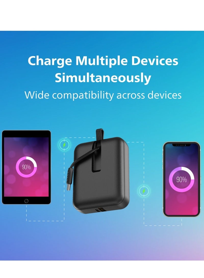 Philips باور بنك فيليبس DLP7810C سعة 10000 مللي أمبير، شحن سريع PD 30 واط، كابل USB-C مدمج، USB-A 22.5 واط، شاشة LCD رقمية، شحن ذكي PPS، شاحن محمول مدمج لأجهزة iPhone وأندرويد، أسود black - Image 4
