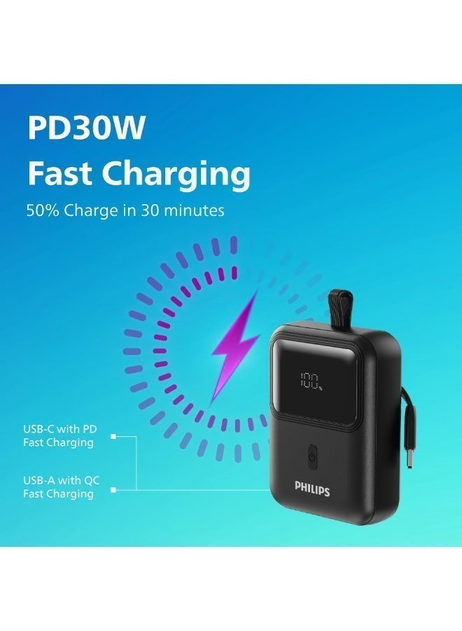 Philips باور بنك فيليبس DLP7810C سعة 10000 مللي أمبير، شحن سريع PD 30 واط، كابل USB-C مدمج، USB-A 22.5 واط، شاشة LCD رقمية، شحن ذكي PPS، شاحن محمول مدمج لأجهزة iPhone وأندرويد، أسود black - Image 2