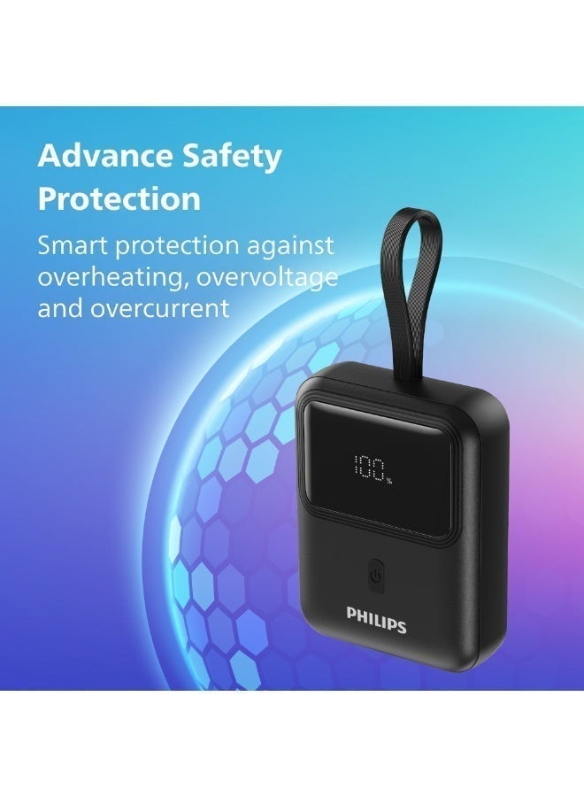Philips باور بنك فيليبس DLP7810C سعة 10000 مللي أمبير، شحن سريع PD 30 واط، كابل USB-C مدمج، USB-A 22.5 واط، شاشة LCD رقمية، شحن ذكي PPS، شاحن محمول مدمج لأجهزة iPhone وأندرويد، أسود black - Image 3
