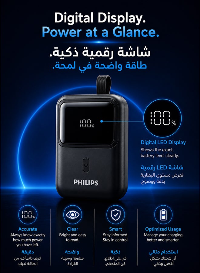 Philips Power Bank 10000mAh Fast Charging, 30W PD Built-in USB-C Cable, 22.5W USB-A, LCD Digital Display, PPS Smart Charging, Compact Portable Battery Pack for iPhone and Android, DLP7810C, Black Black - Image 4