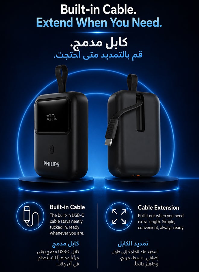 Philips Power Bank 10000mAh Fast Charging, 30W PD Built-in USB-C Cable, 22.5W USB-A, LCD Digital Display, PPS Smart Charging, Compact Portable Battery Pack for iPhone and Android, DLP7810C, Black Black - Image 3