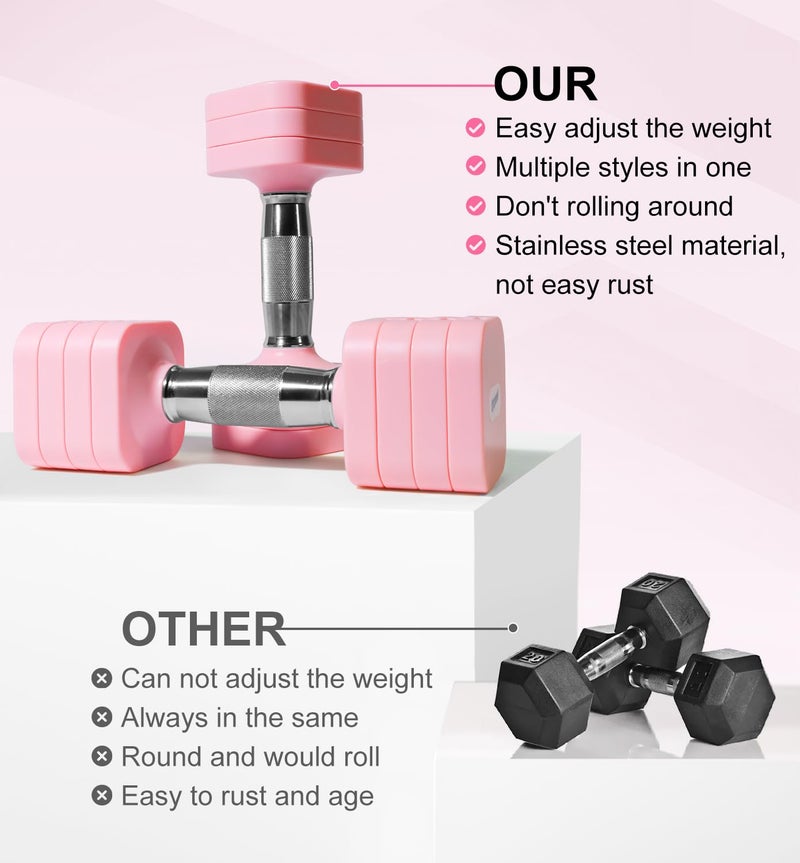 Upspeed 20LBS Adjustable Dumbbell Set for Women Men, 4 in 1 Free Weights Dumbbells Set Hand Weights Set Adjust Dumbbell Weight Set for Home Gym Exercise Workout Strength Training Equipments, Pink - Image 3