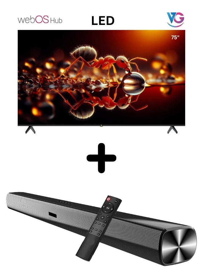 VG حزمة VG من تلفاز ذكي 75 بوصة 4K UHD (محور WebOS، لوحة من الدرجة A+، جهاز تحكم سحري، صوت دولبي) مع مكبر صوت (بلوتوث، راديو FM، صوت قنوات 2.0) - Image 1