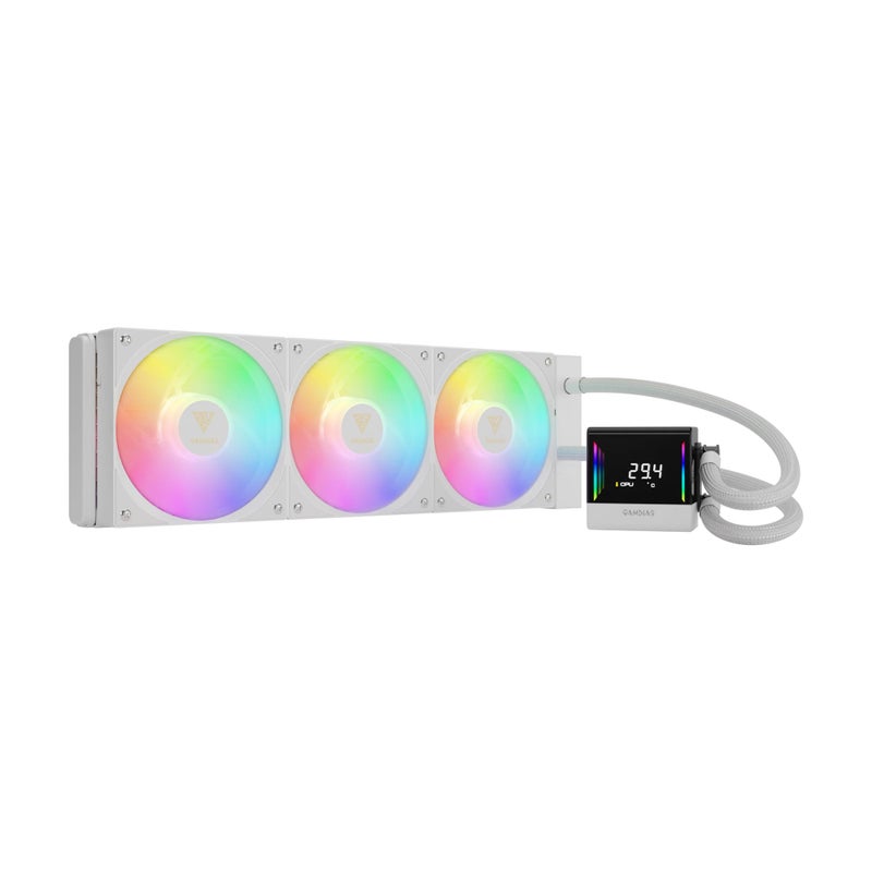 GAMDIAS GAMDIAS CHIONE E4 360mm AIO CPU Liquid Cooler, Real-time Digital Display Patented PWM Pump, Hidden Cable Design, ARGB PWM Fan w/MB Sync, Intel LGA 1700/1200, AMD AM5/AM4, White  - Image 1