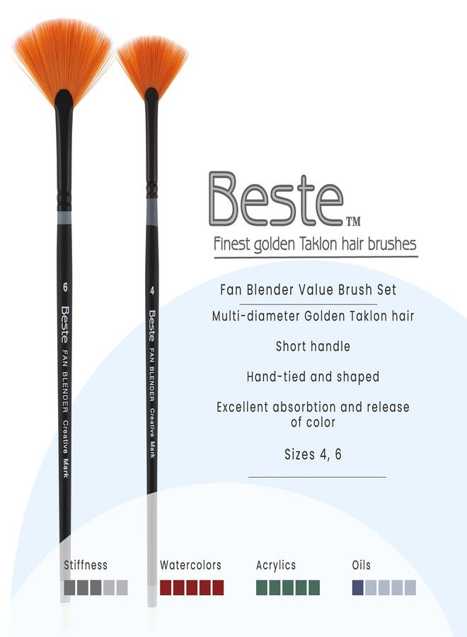Creative Mark Beste Golden Taklon Fan Blender Set of 2 Artist Brush, Professional Watercolor Brushes, for Acrylic Painting, Short Handle, Sharp Edges, Hand-Tied & Shaped - Image 2
