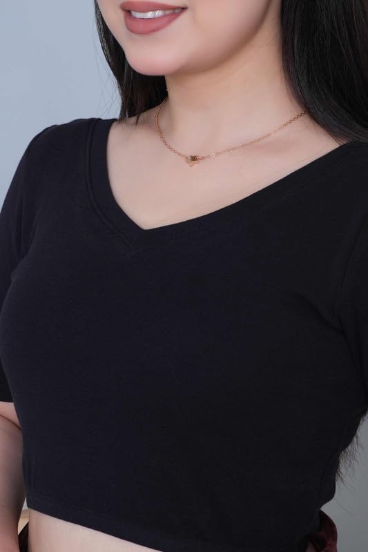 Mlada Store Mlada V-Neck Stretchable Saree Blouse Top for Women | Slim Fit Short Sleeves Solid Cotton Blouses | Readymade Saree Blouses for Women Festive & Ethnic | Blouse Crop Top - Image 4