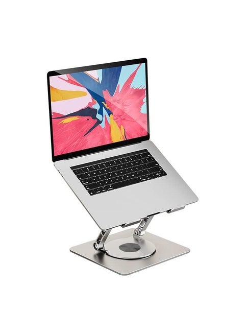 Dyazo Aluminum Laptop Stand Foldable Height Angle Adjustable Laptop Riser for Desk Compatible for MacBook Lenovo Dell Notebook up to 156 Inches 360 Rotating Base Silver