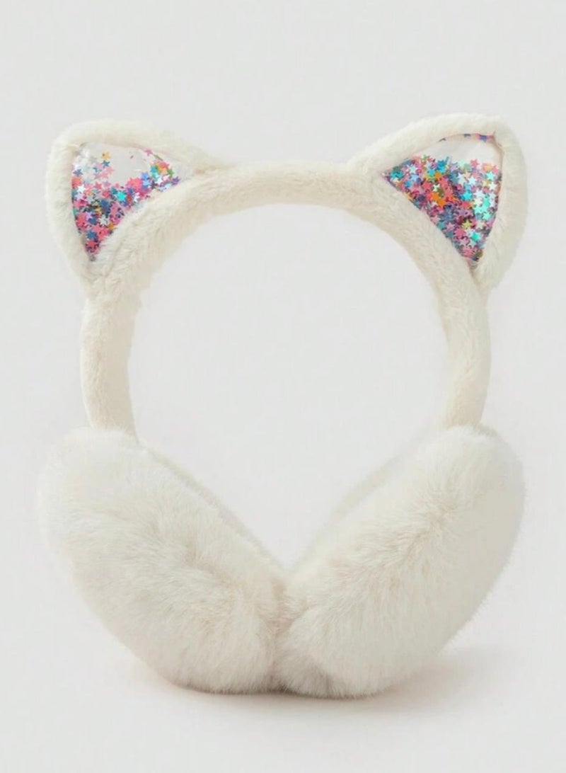 A rabbit-shaped ear warmer with a transparent ear that contains glitter in distinctive colors - Image 4