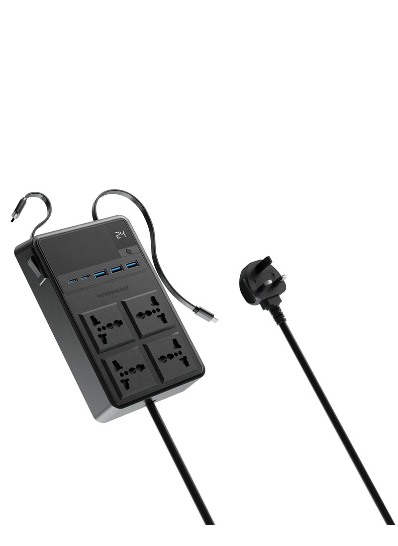 Powerology 4 AC Power Socket With X2 USB A and USB-C Port and Lightning and Type-C Built-in Cables / 3m Power Cord / Built-in Safeguards / Fire-proof Material - Black  - Image 1