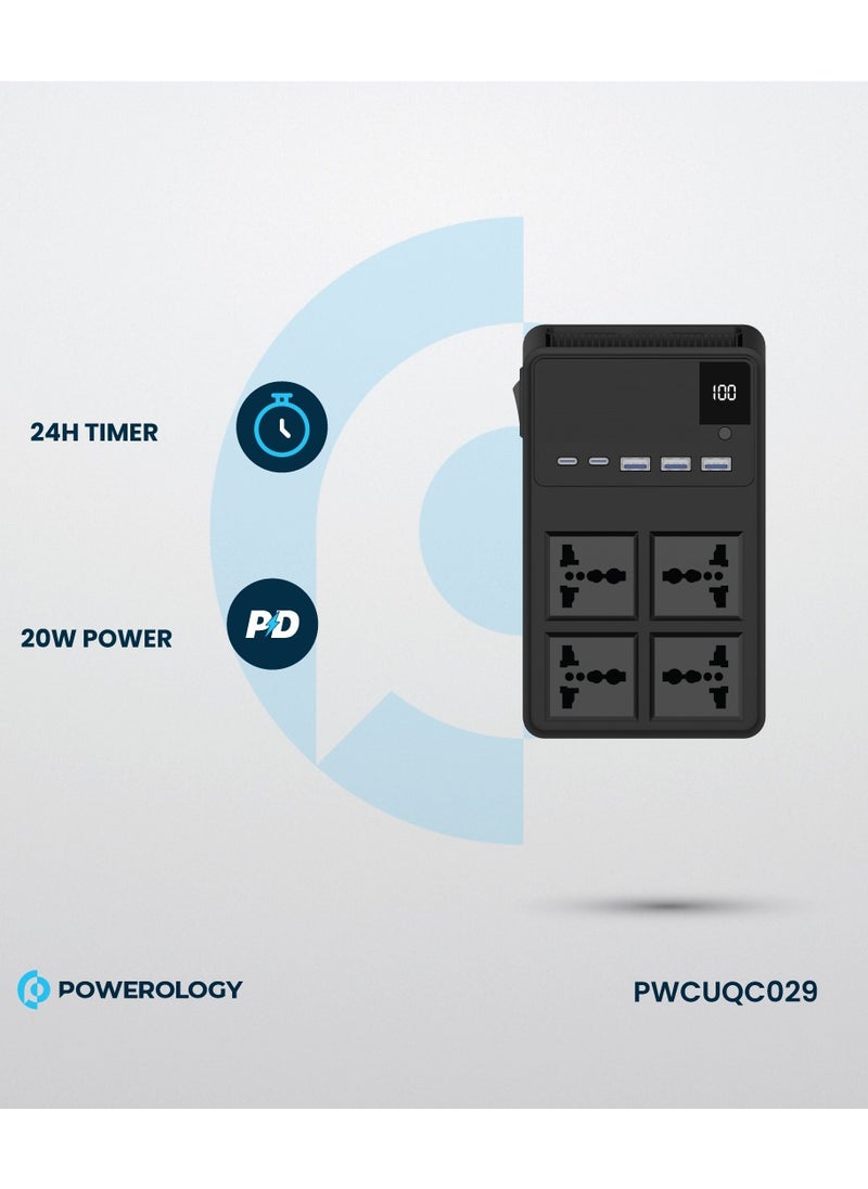 Powerology 4 AC Power Socket With X2 USB A and USB-C Port and Lightning and Type-C Built-in Cables / 3m Power Cord / Built-in Safeguards / Fire-proof Material - Black  - Image 3