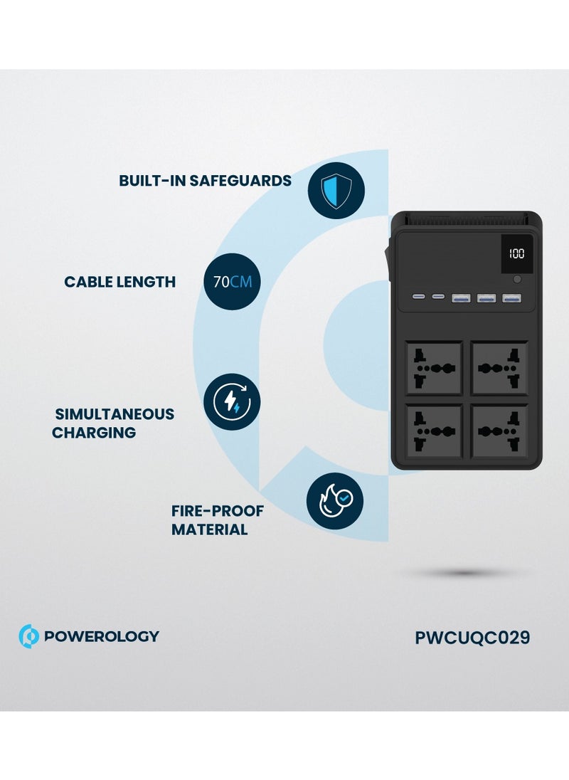Powerology 4 AC Power Socket With X2 USB A and USB-C Port and Lightning and Type-C Built-in Cables / 3m Power Cord / Built-in Safeguards / Fire-proof Material - Black  - Image 2