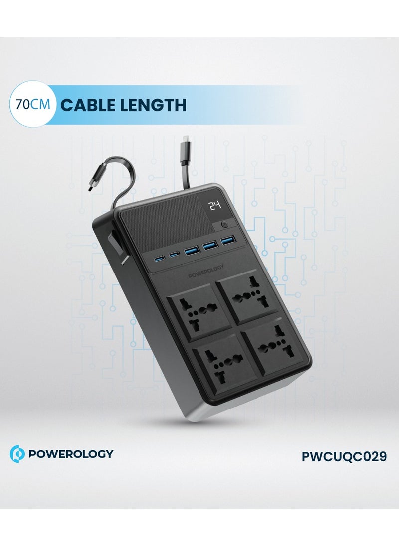 Powerology 4 AC Power Socket With X2 USB A and USB-C Port and Lightning and Type-C Built-in Cables / 3m Power Cord / Built-in Safeguards / Fire-proof Material - Black  - Image 4