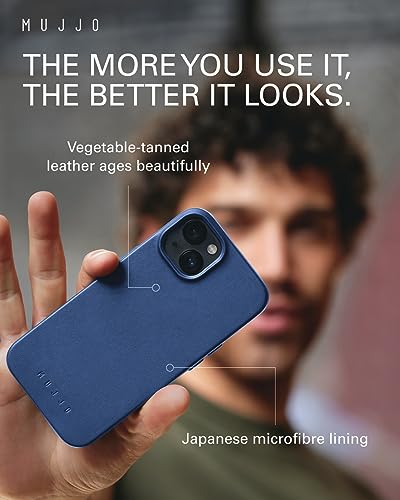 Mujjo Leather Phone Case - Fits iPhones 15 Plus and 14 Plus - MagSafe Compatible - Premium European Leather - Camera Lens Protection - Crafted with Recycled Materials - Slim Profile - Monaco Blue - Image 5
