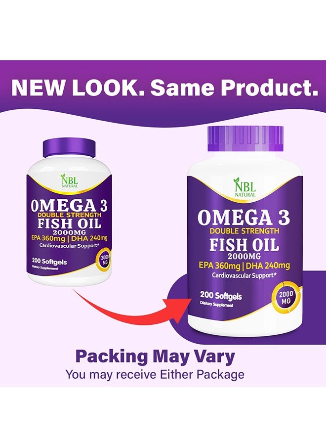 NBL Natural - Omega 3 Fish Oil 2000 mg 360 EPA 240 DHA Double Strength Cardiovascular Support 200 Softgels 200 Softgels - Image 1