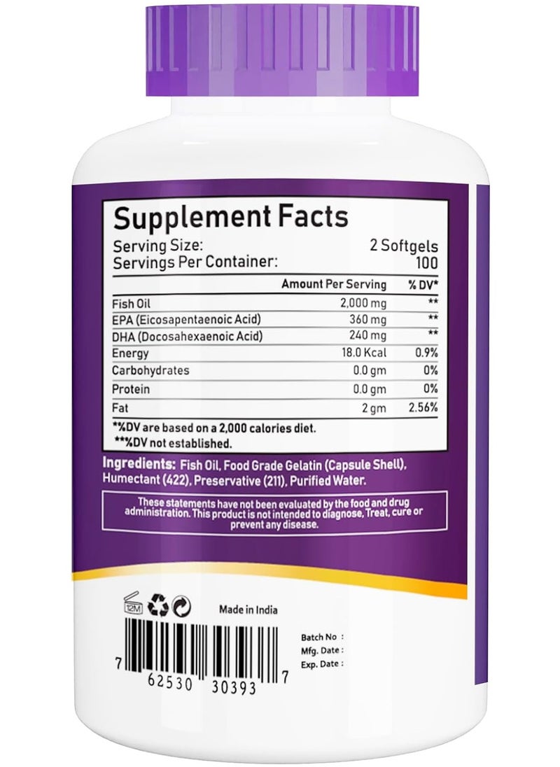 NBL Natural - Omega 3 Fish Oil 2000 mg 360 EPA 240 DHA Double Strength Cardiovascular Support 200 Softgels 200 Softgels - Image 1