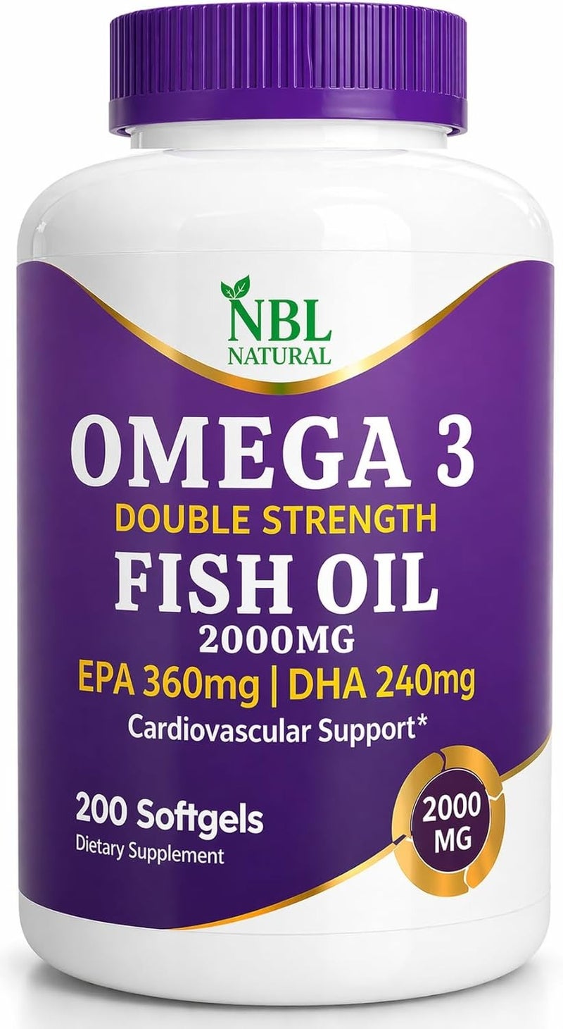 NBL Natural Omega 3 Fish Oil 2000 mg 360 EPA 240 DHA Double Strength Cardiovascular Support 200 Softgels - Image 1