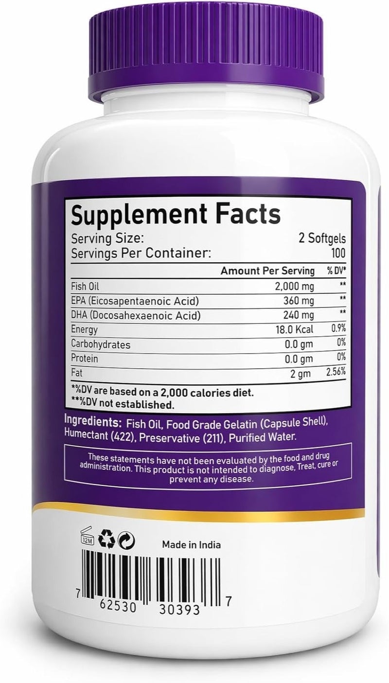 NBL Natural Omega 3 Fish Oil 2000 mg 360 EPA 240 DHA Double Strength Cardiovascular Support 200 Softgels - Image 2