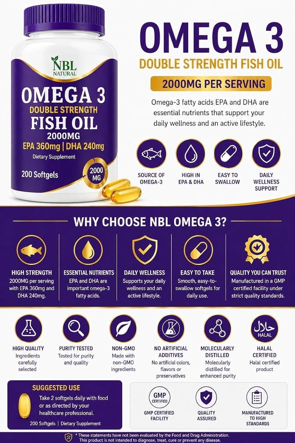 Nbl Natural Omega 3 Fish Oil 2000Mg 360 Epa 240 Dha Softgels 200 'S