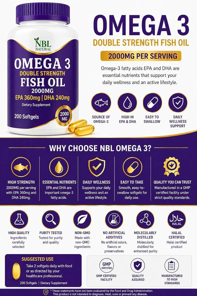 NBL Natural Omega 3 Fish Oil 2000 mg 360 EPA 240 DHA Double Strength Cardiovascular Support 200 Softgels - Image 4