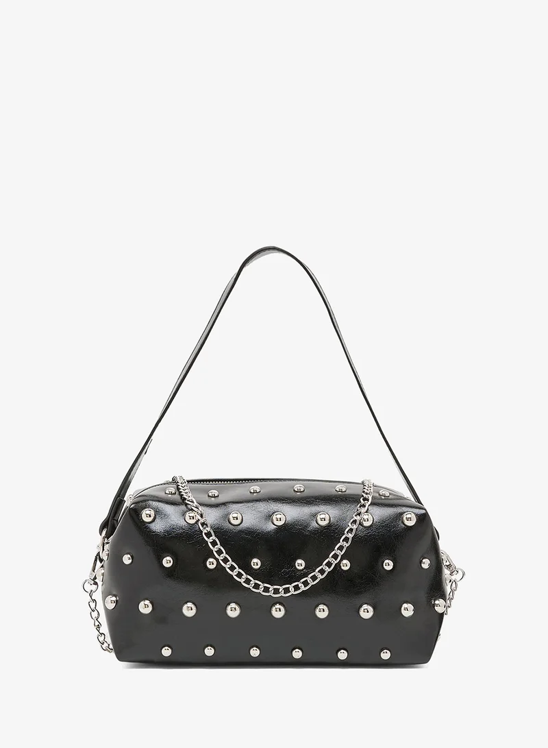 Ginger metal embellished shoulder bag with metal chain detail
