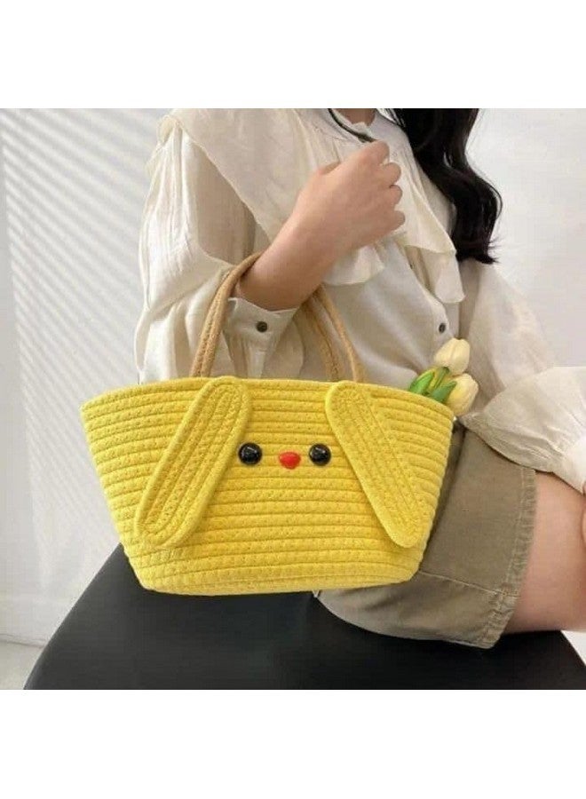 DOLCE CASA Jute Cotton Cute Bucket Bag Casual Woven Beach Women Handbag for Vacation - Yellow - Image 2