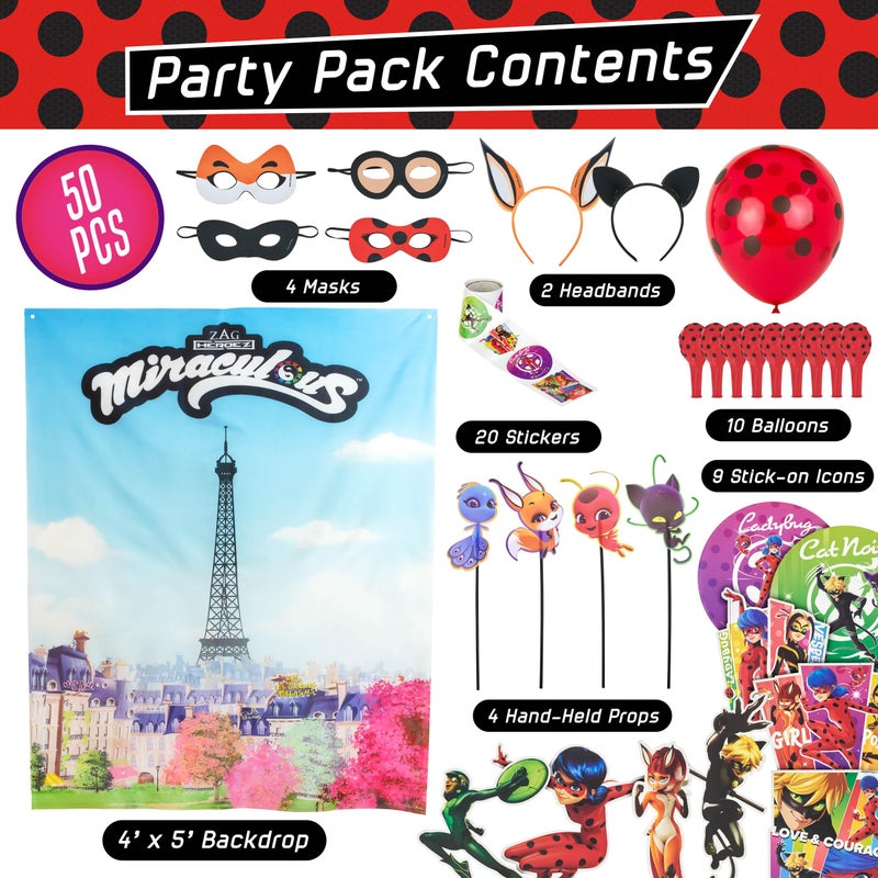 Miraculous 50pc Miraculous Ladybug All-in-One Birthday Party Supplies Set | Zag Heroez Celebration Kit with Backdrop, Props & Tableware - Image 2